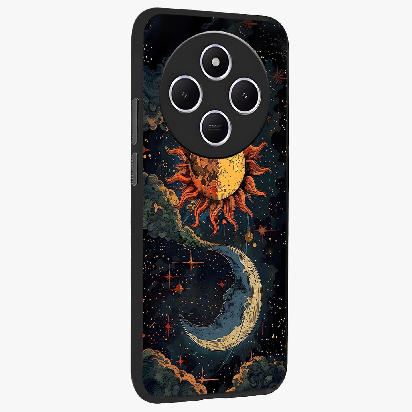 Sun And Moon Magic Design Glass Case upright view showcasing decorative sun and moon artwork with spiritual celestial theme.