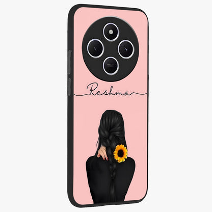 Sunflower Braid Beauty With Custom Name Glass Case upright view showcasing bright sunflower artwork with personalized floral aesthetic.