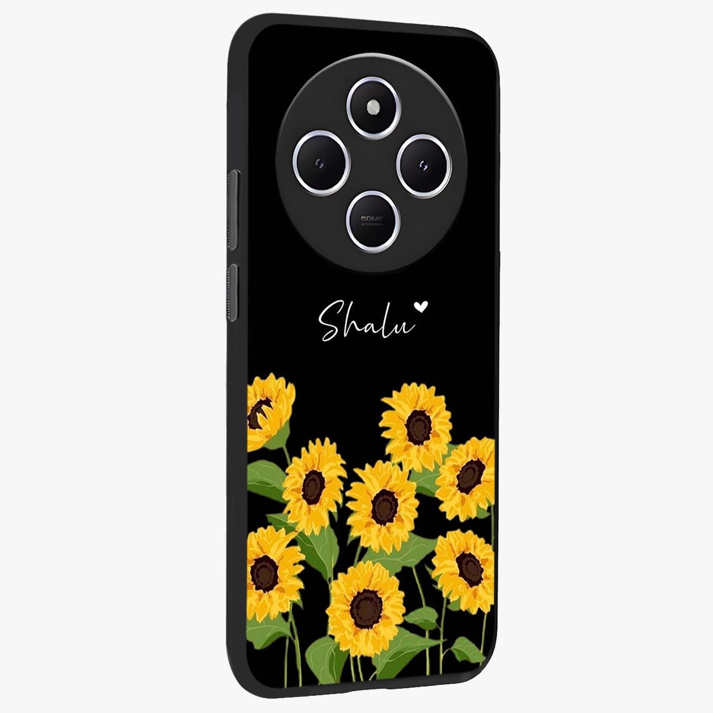 Sunflower Chic Mood Custom Name Glass Case upright view showcasing cheerful sunflower artwork with trendy floral theme.
