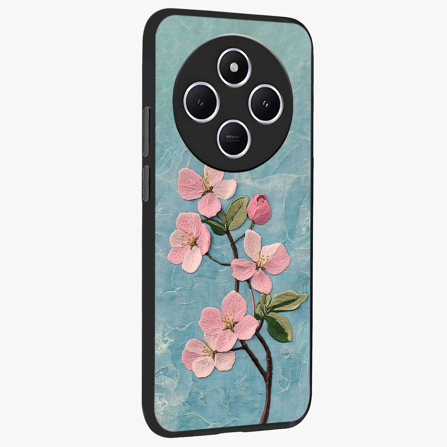 Threaded Blossom Breeze Glass Case upright view showcasing graceful flower artwork with calm botanical theme.