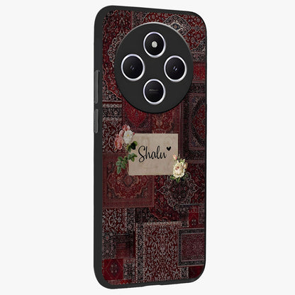 Velvet Wine Pattern Custom Name Glass Case upright view showcasing luxurious wine toned artwork with personalized aesthetic.