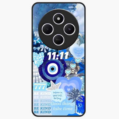 Aesthetic Be Kind Eye Glass Case showing flat back view with motivational eye artwork and glossy glass finish.