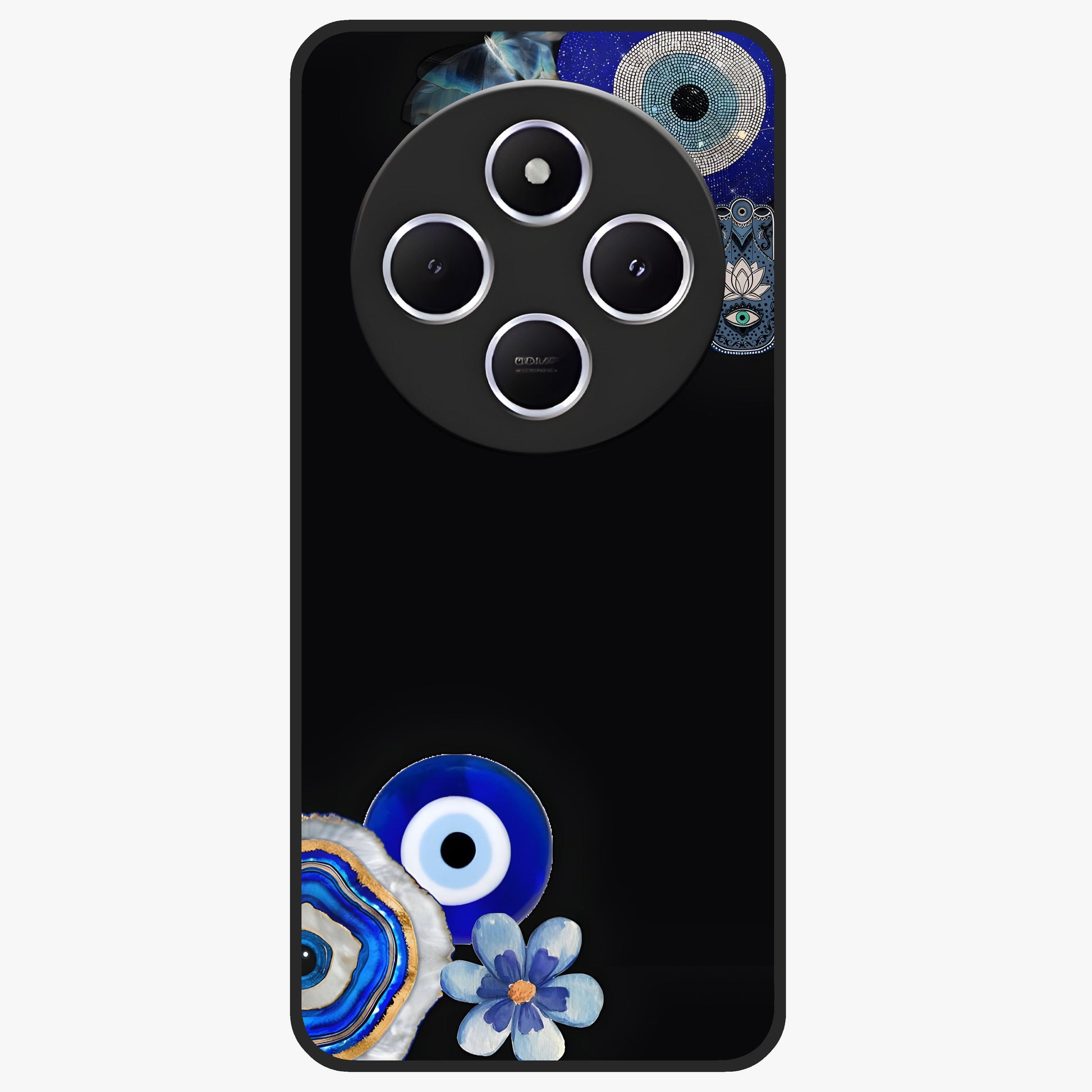 Aesthetic Blue Evil Eye Glass Case showing flat back view with protective evil eye artwork and glossy glass finish.