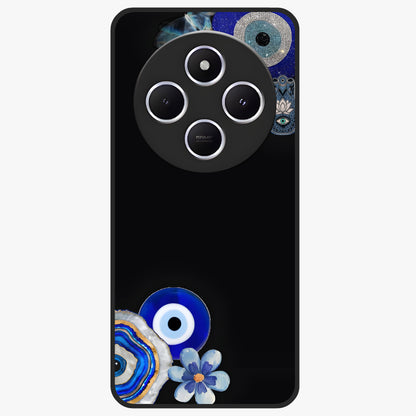 Aesthetic Blue Evil Eye Glass Case showing flat back view with protective evil eye artwork and glossy glass finish.