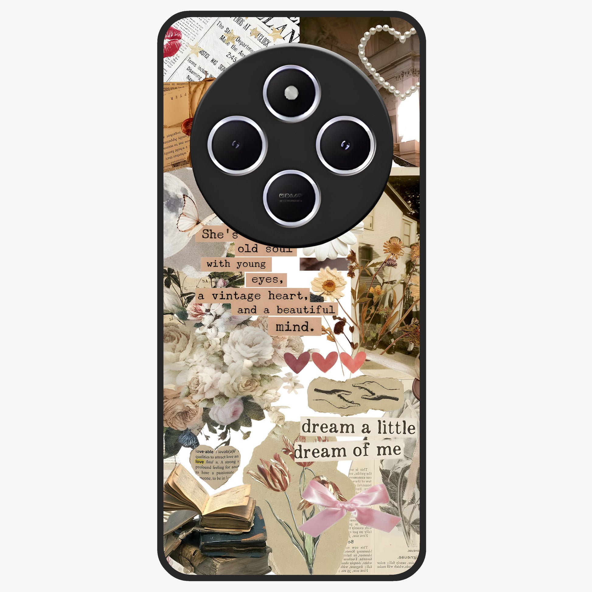 Aesthetic Brown Vintage Collage Glass Case showing flat back view with retro collage artwork and glossy glass finish.