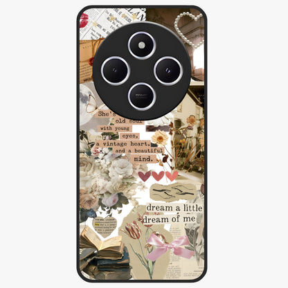 Aesthetic Brown Vintage Collage Glass Case showing flat back view with retro collage artwork and glossy glass finish.