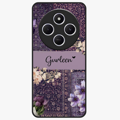 Antique Floral Whisper Custom Name Glass Case showing flat back view with vintage floral artwork and personalized name design.