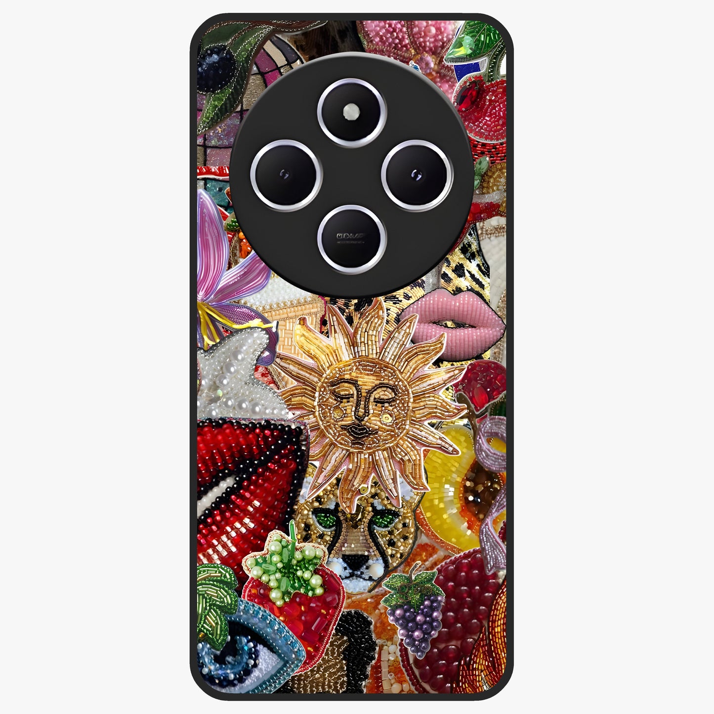 Beaded Fashion Jungle Glass Case showing flat back view with vibrant jungle inspired bead artwork and glossy glass finish.