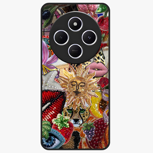 Beaded Fashion Jungle Glass Case showing flat back view with vibrant jungle inspired bead artwork and glossy glass finish.