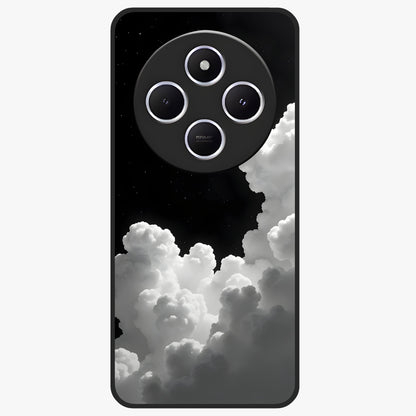 Black Background With White Cloud Glass Case showing flat back view with minimal cloud artwork on dark background and glossy glass finish.
