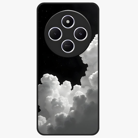 Black Background With White Cloud Glass Case showing flat back view with minimal cloud artwork on dark background and glossy glass finish.