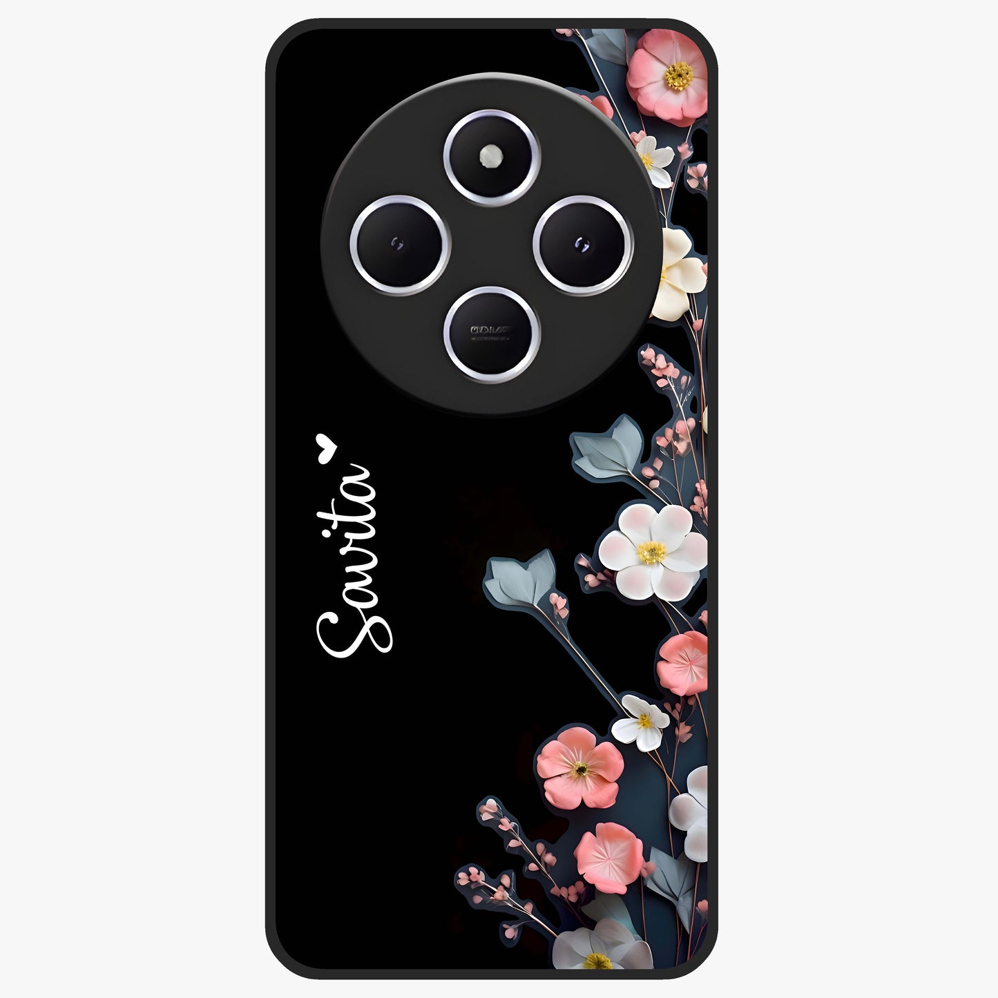 Black Elegance Floral Custom Name Glass Case showing flat back view with elegant floral artwork and personalized name design.