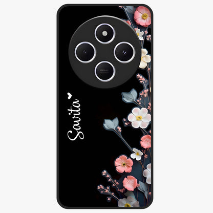 Black Elegance Floral Custom Name Glass Case showing flat back view with elegant floral artwork and personalized name design.