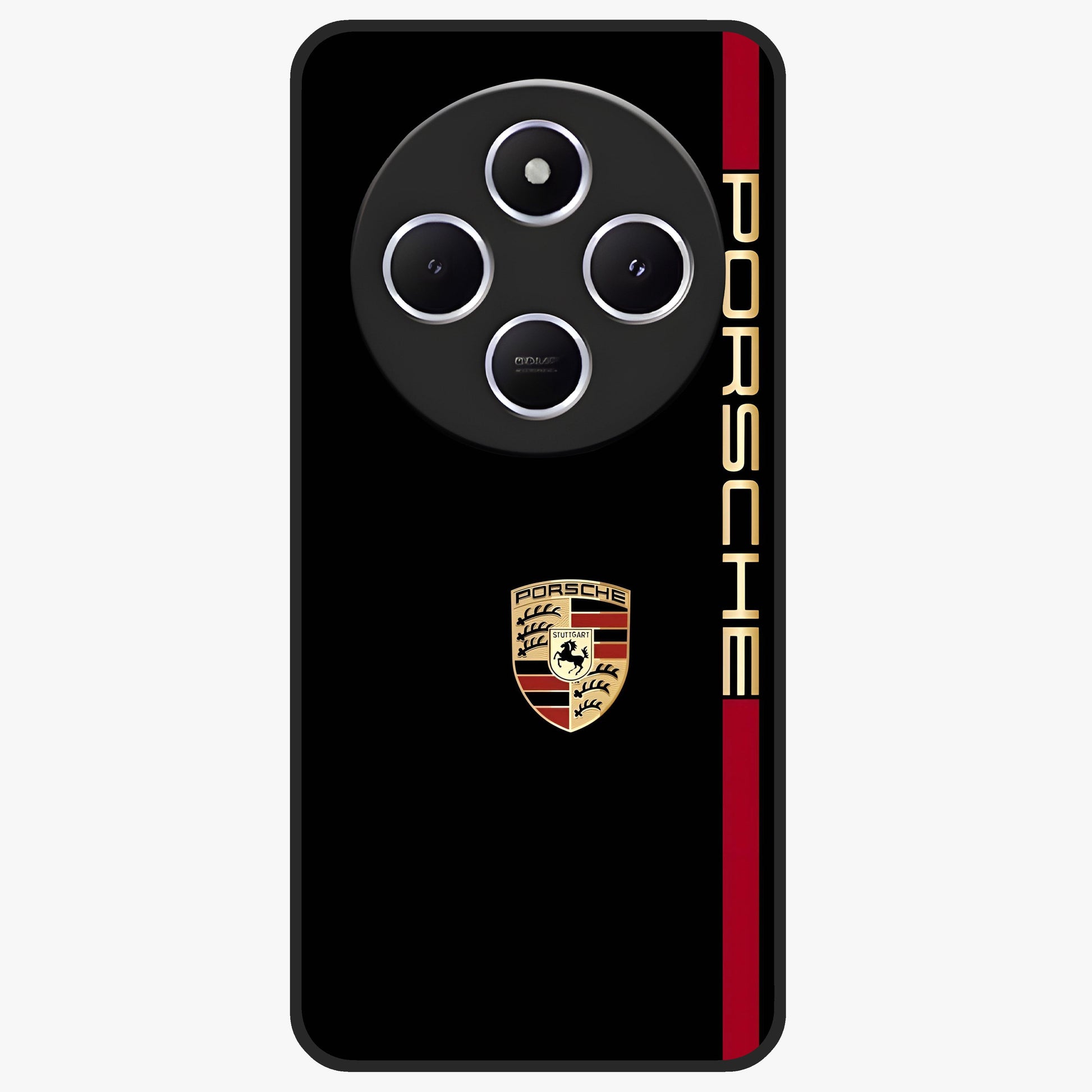 Black Minimal Porsche Glass Case showing flat back view with sleek minimal sports car artwork and glossy glass finish.