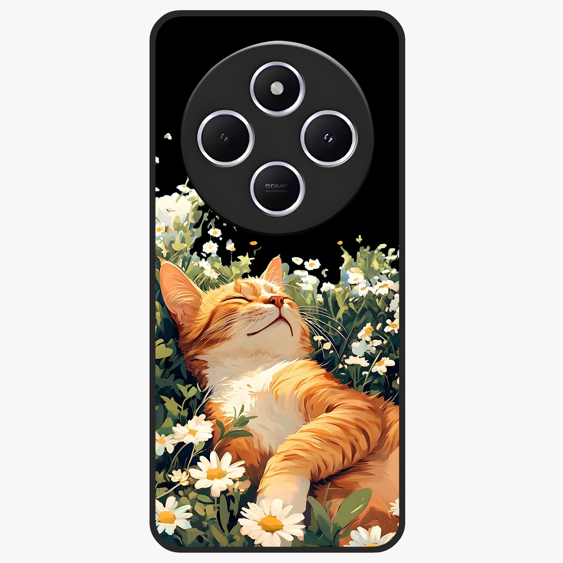 Blissful Bloom Cat Glass Case showing flat back view with cute cat and floral bloom artwork and glossy glass finish.
