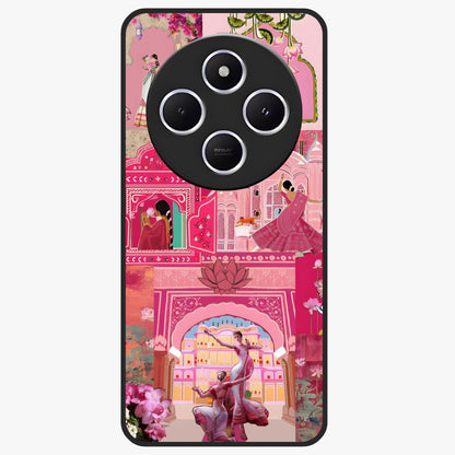 Blossoms of Rajasthan Glass Case showing flat back view with traditional floral artwork inspired by Rajasthan and glossy glass finish.