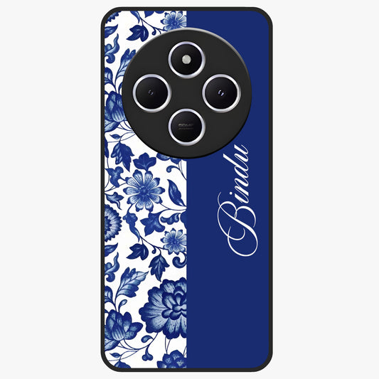 Blue Vintage Floral Pattern Glass Case upright view showcasing timeless floral illustration with vintage inspired style.