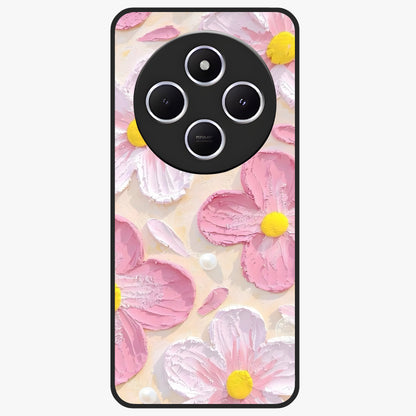 Blush Bloom Texture Glass Case showing flat back view with soft blush floral texture artwork and glossy glass finish.