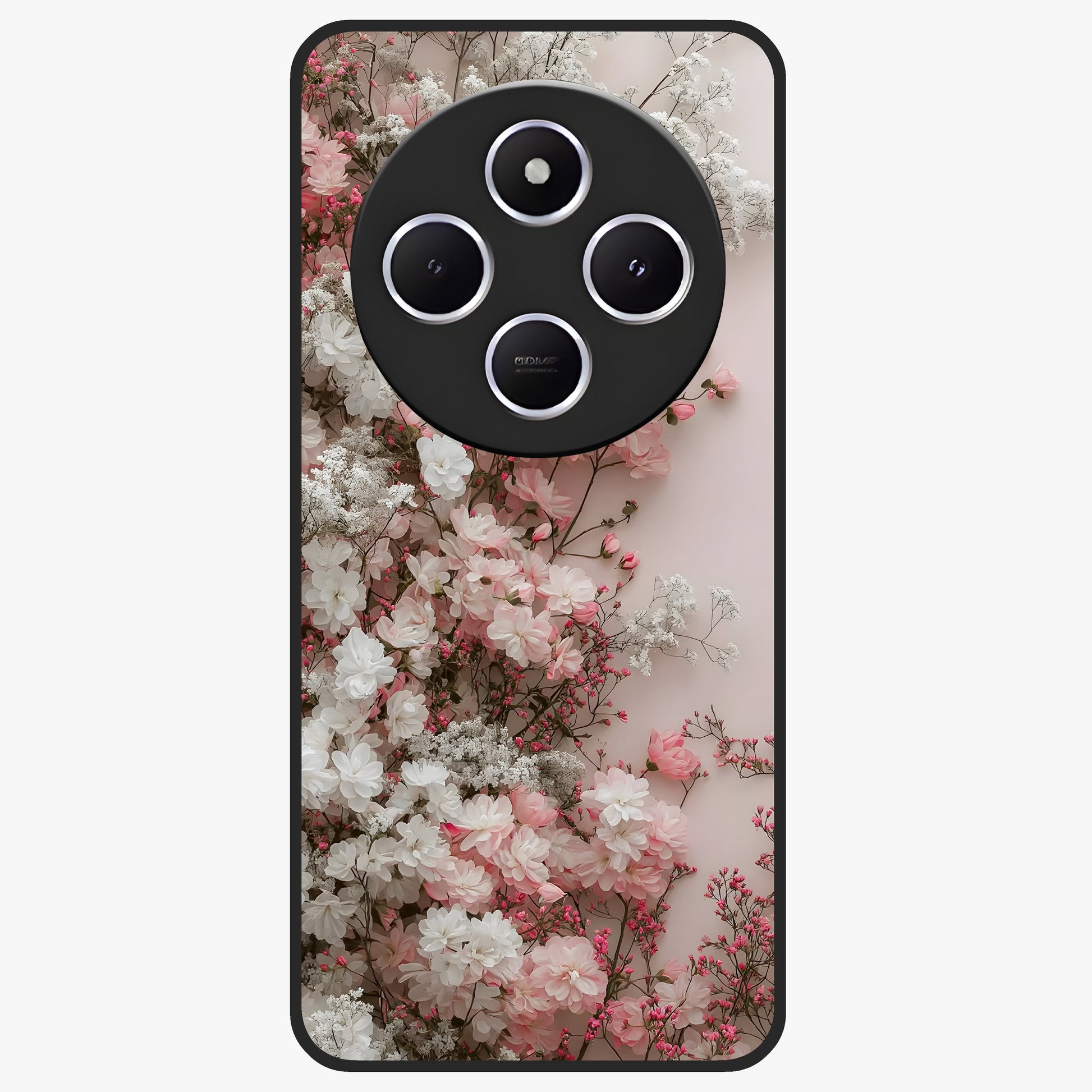 Blush Blossom Cloud Glass Case showing flat back view with dreamy blush cloud blossom artwork and glossy glass finish.