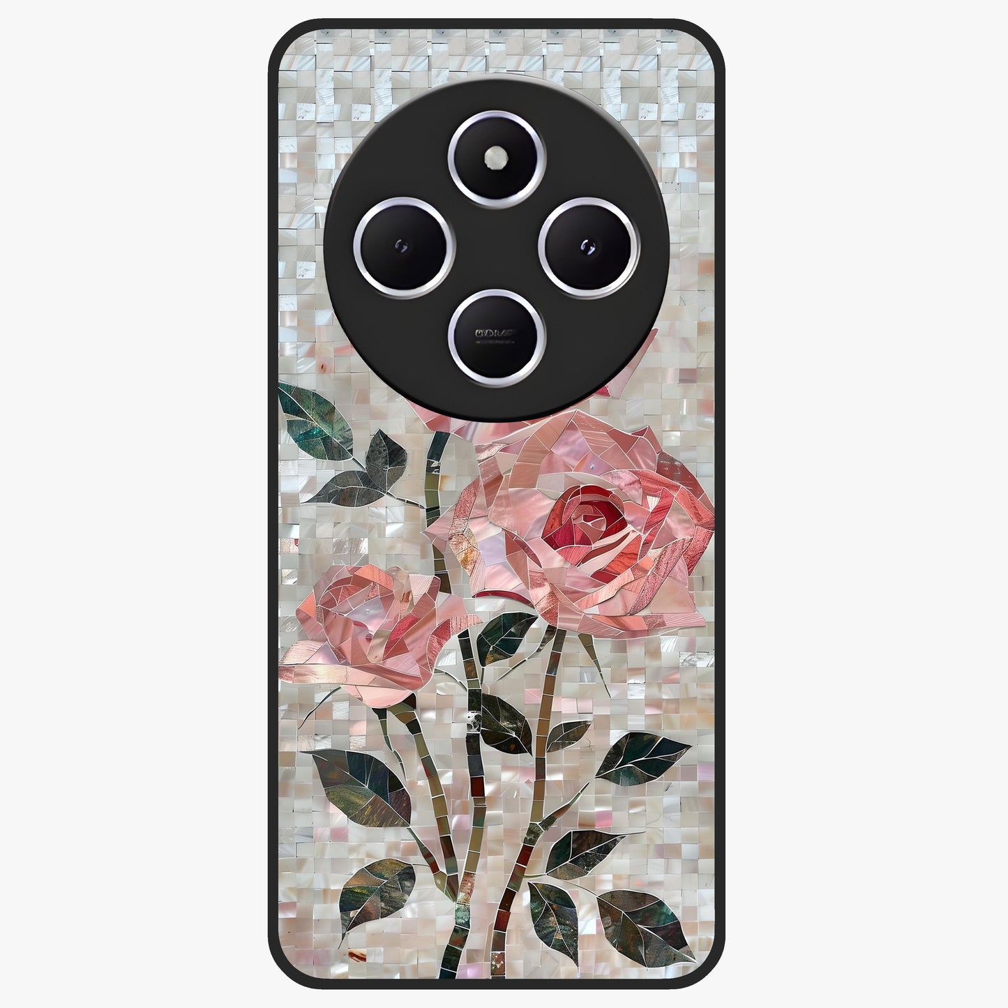 Blush Mosaic Bloom Glass Case showing flat back view with mosaic floral bloom artwork and glossy glass finish.