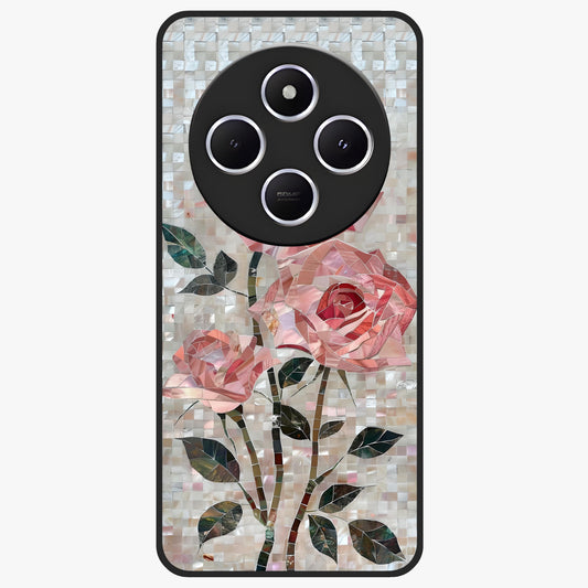 Blush Mosaic Bloom Glass Case showing flat back view with mosaic floral bloom artwork and glossy glass finish.