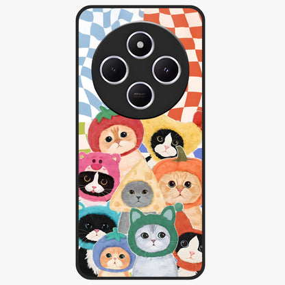 Cats in Fruits Glass Case showing flat back view with playful cat illustrations inside fruit artwork and glossy glass finish.