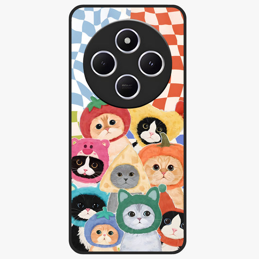 Cats in Fruits Glass Case showing flat back view with playful cat illustrations inside fruit artwork and glossy glass finish.