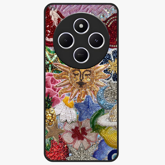 Celestial Floral and Playful Glass Case showing flat back view with floral and celestial themed artwork and glossy glass finish.