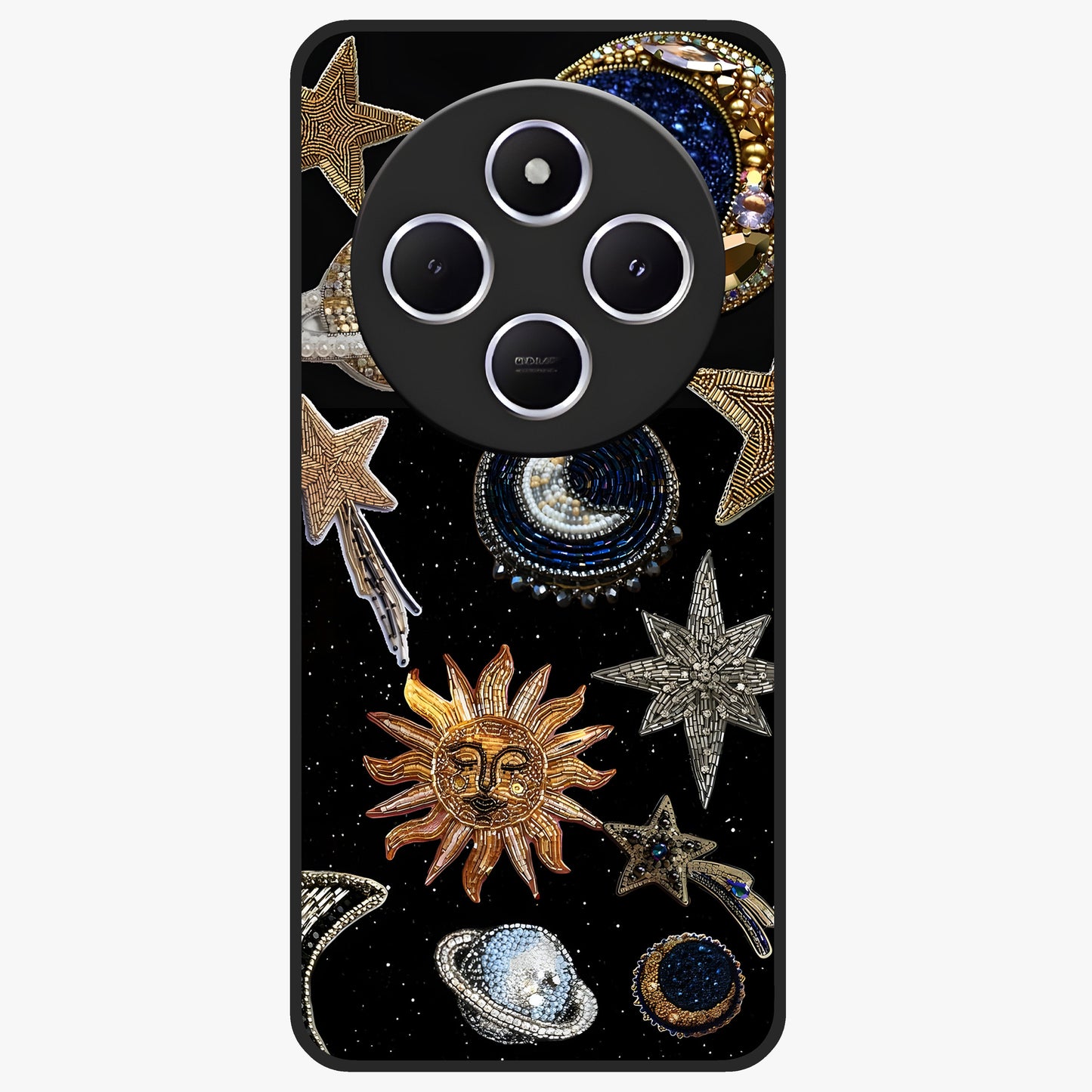 Celestial Gem Constellations Glass Case showing flat back view with sparkling constellation artwork and glossy glass finish.