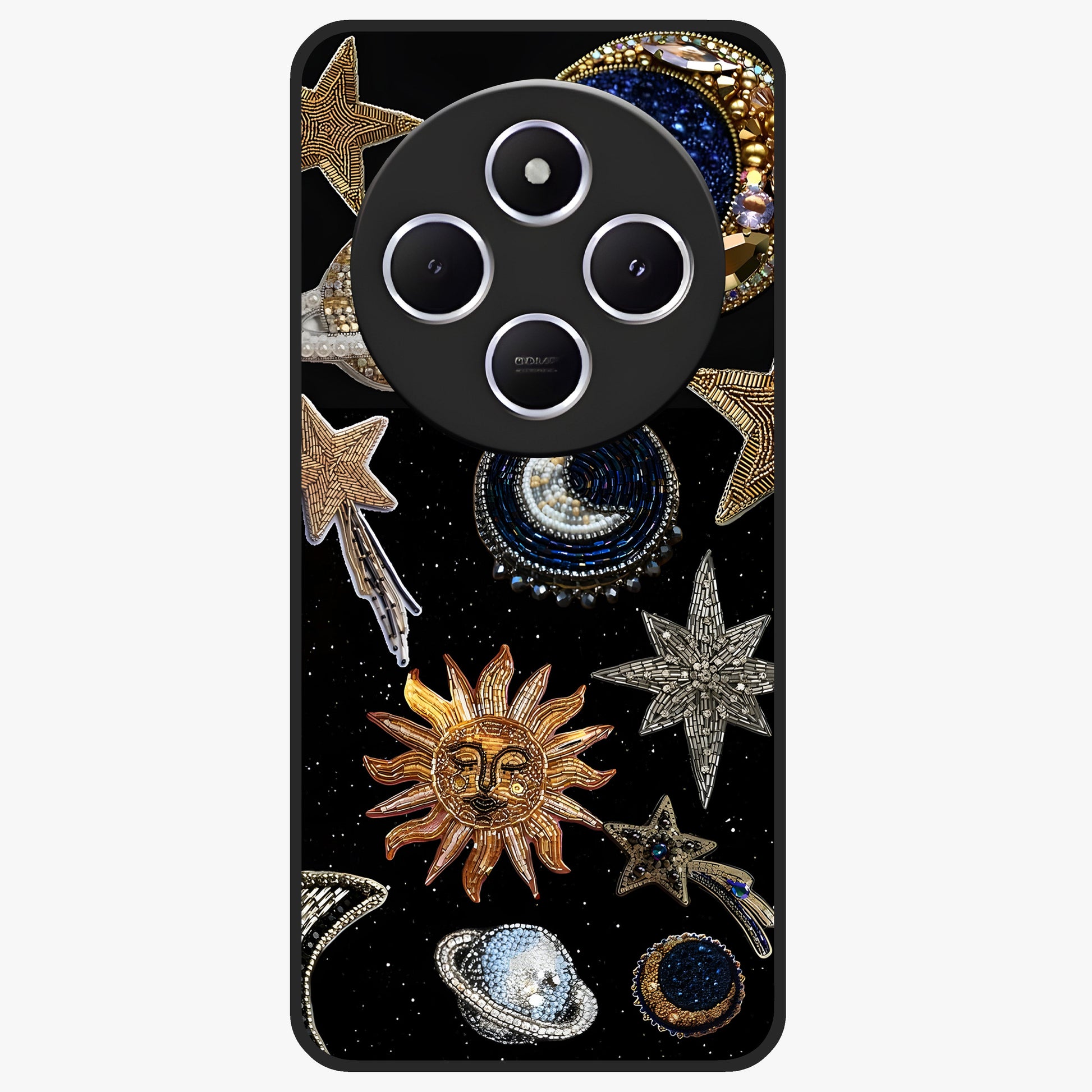 Celestial Gem Constellations Glass Case showing flat back view with sparkling constellation artwork and glossy glass finish.