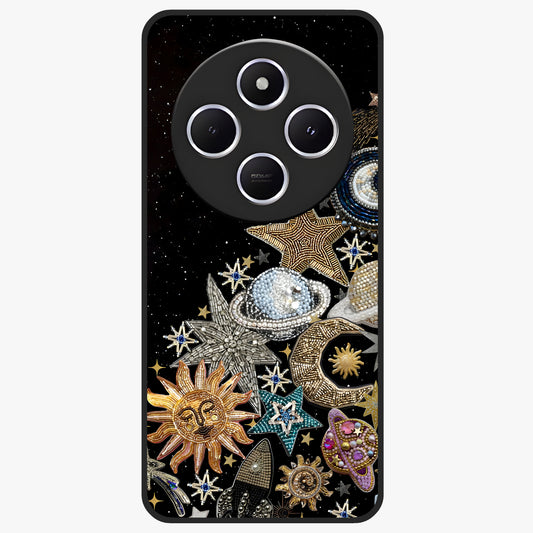 Cosmic Sparkle Dreams Glass Case showing flat back view with sparkling cosmic artwork and glossy glass finish.