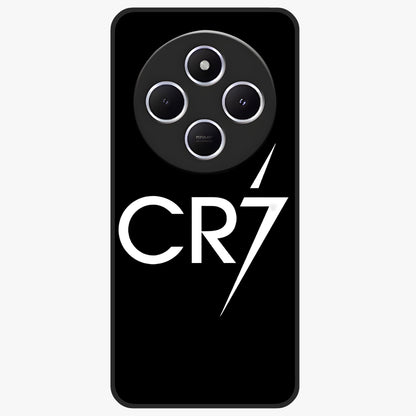 Cr7 Elite Strike Glass Case showing flat back view with dynamic football inspired artwork and glossy glass finish.