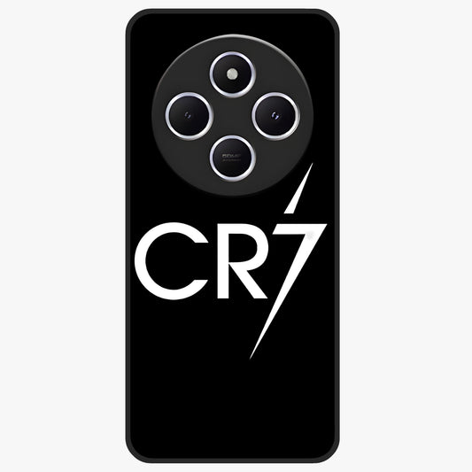 Cr7 Elite Strike Glass Case showing flat back view with dynamic football inspired artwork and glossy glass finish.