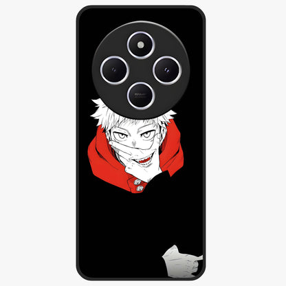 Crimson Chaos Smile Glass Case showing flat back view with bold chaotic smile artwork and glossy glass finish.