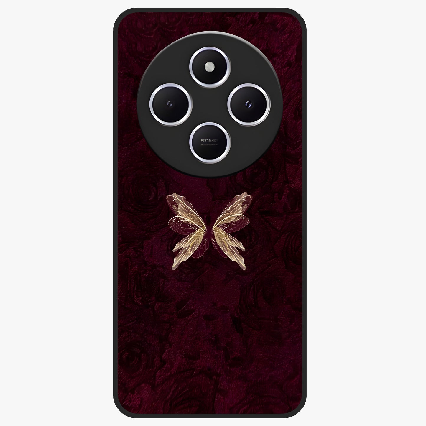 Crimson Fade Butterfly Glass Case showing flat back view with fading butterfly artwork and glossy glass finish.