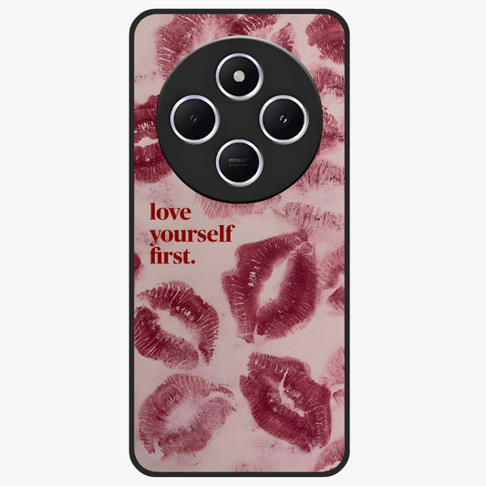 Crimson Kiss Love Glass Case showing flat back view with romantic crimson themed artwork and glossy glass finish.