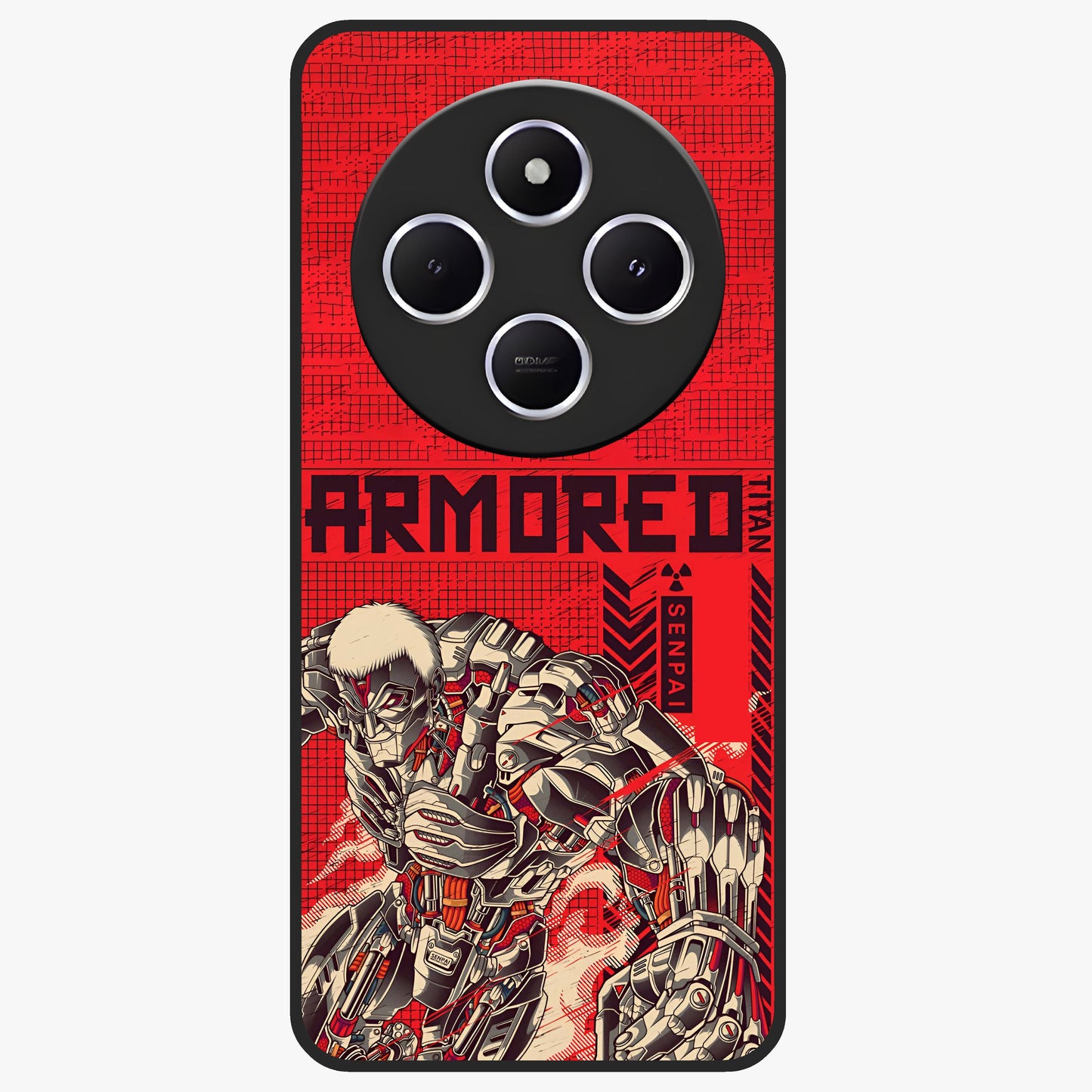 Crimson Mecha Titan Glass Case showing flat back view with powerful mech titan artwork and glossy glass finish.