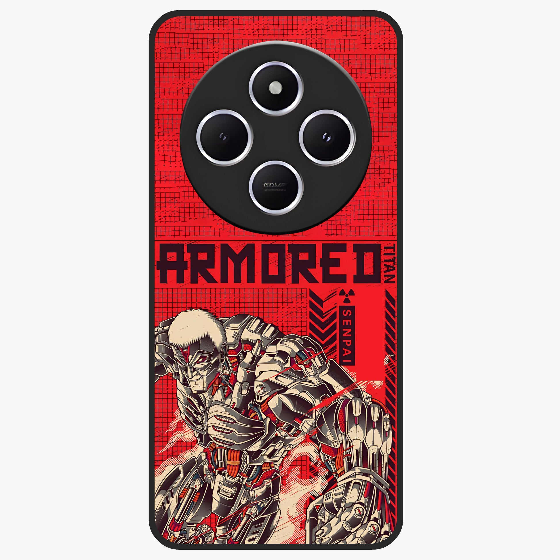 Crimson Mecha Titan Glass Case showing flat back view with powerful mech titan artwork and glossy glass finish.