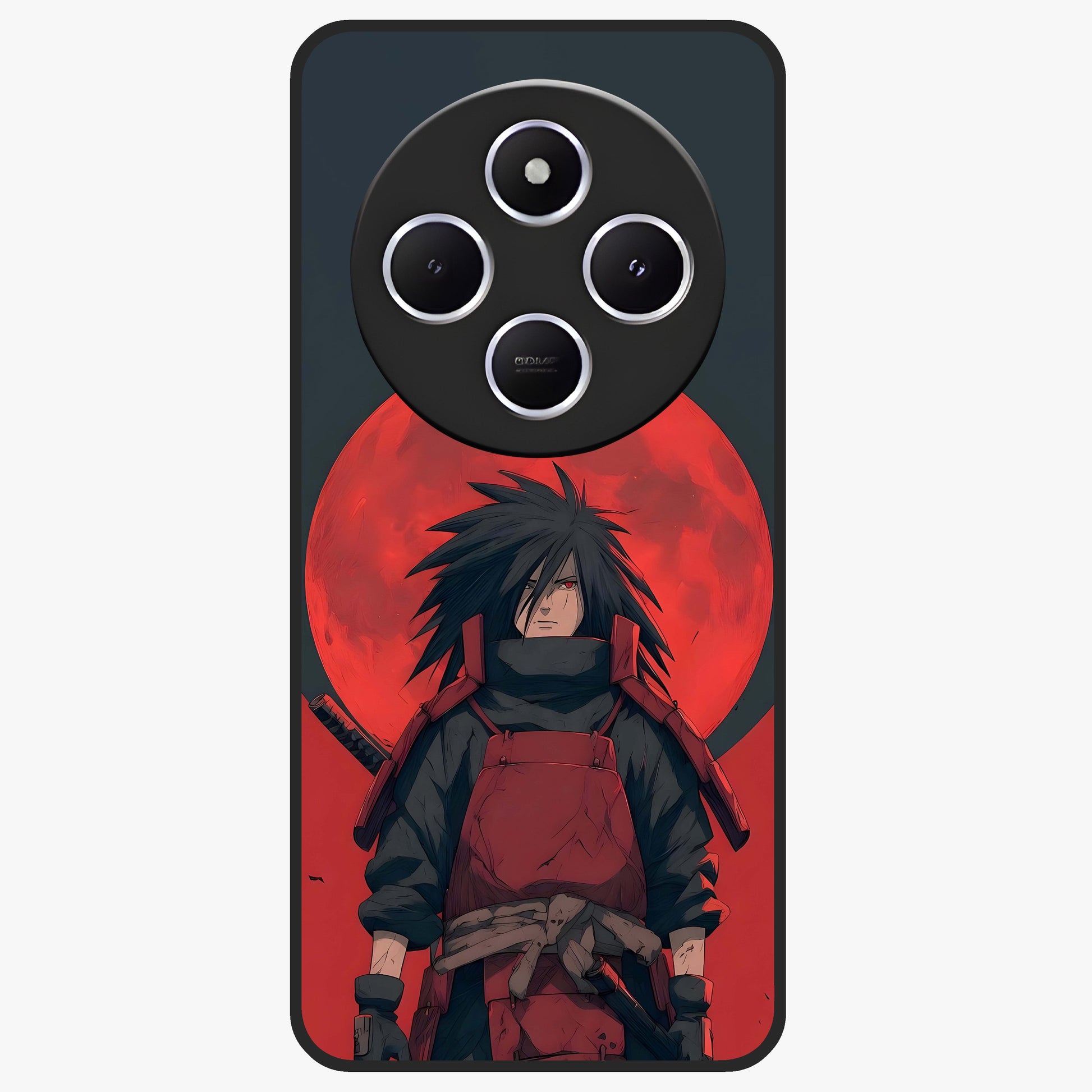 Crimson Moon Warlord Glass Case showing flat back view with mystical moon warrior artwork and glossy glass finish.