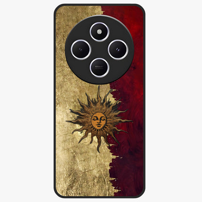 Crimson Sun Majesty Glass Case showing flat back view with radiant sun inspired artwork and glossy glass finish.