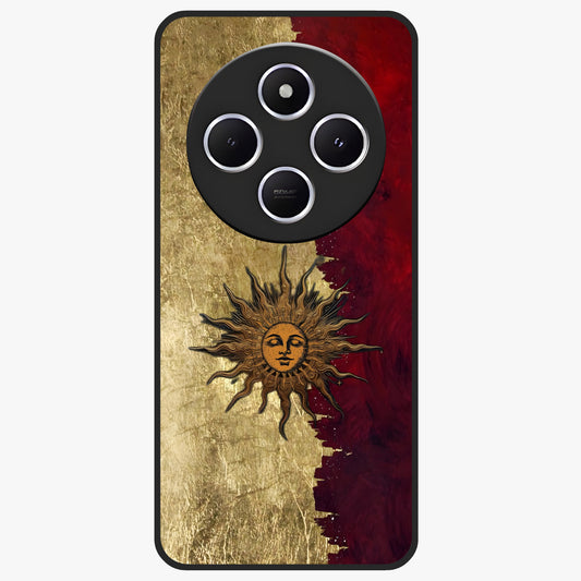Crimson Sun Majesty Glass Case showing flat back view with radiant sun inspired artwork and glossy glass finish.