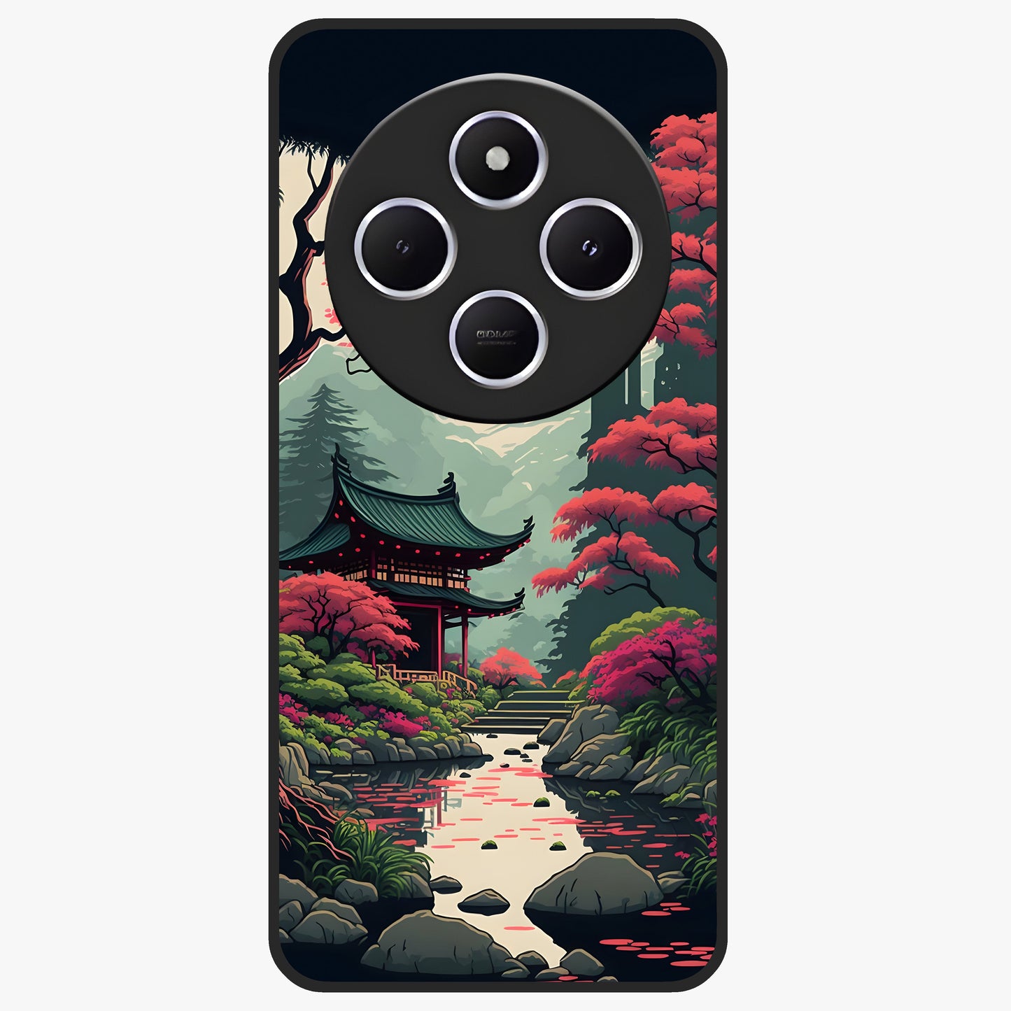 Crimson Temple View Glass Case showing flat back view with temple inspired artwork and glossy glass finish.