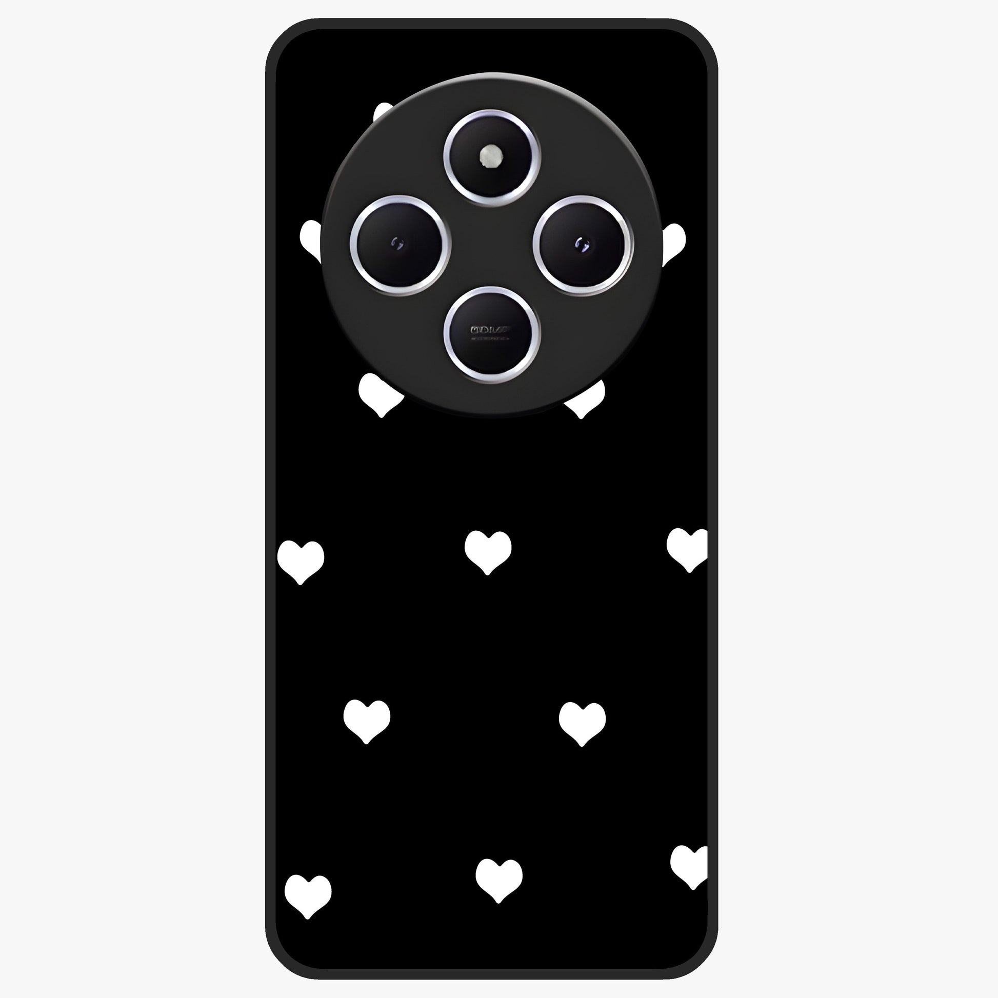 Cute And Simple White Hearts Glass Case showing flat back view with minimal white heart pattern and glossy glass finish.