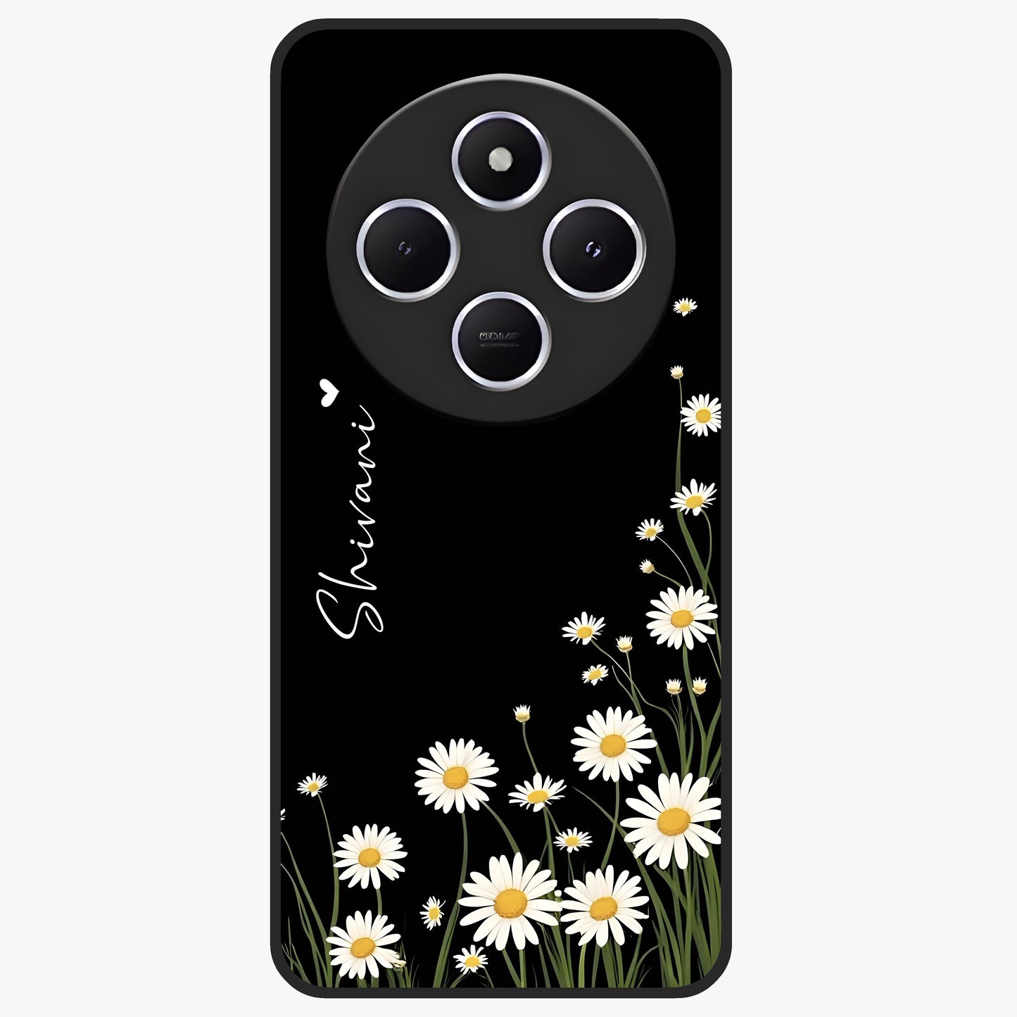 Daisy Cascade Custom Name Glass Case showing flat back view with cascading daisy flowers and personalized name design.