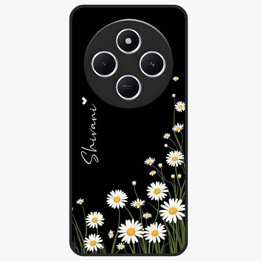 Daisy Cascade Custom Name Glass Case showing flat back view with cascading daisy flowers and personalized name design.