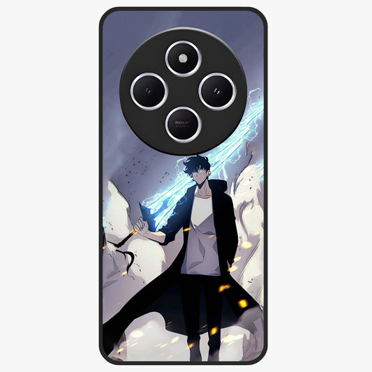 Dark Lightning Anime Warrior Glass Case showing flat back view with intense anime warrior artwork and glossy glass finish.