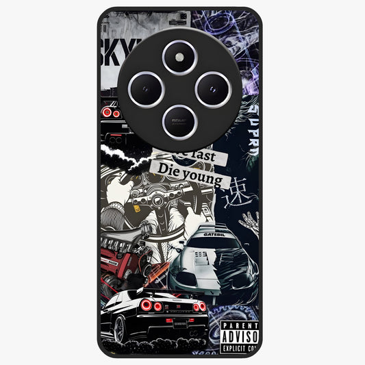 Die Young Glass Case showing flat back view with bold artistic typography design and glossy glass finish.