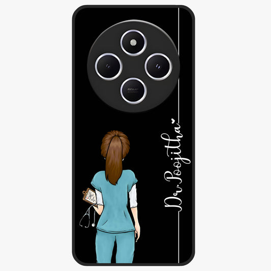 Doctor Pattern Custom Name Glass Case showing flat back view with medical themed pattern and personalized name design.