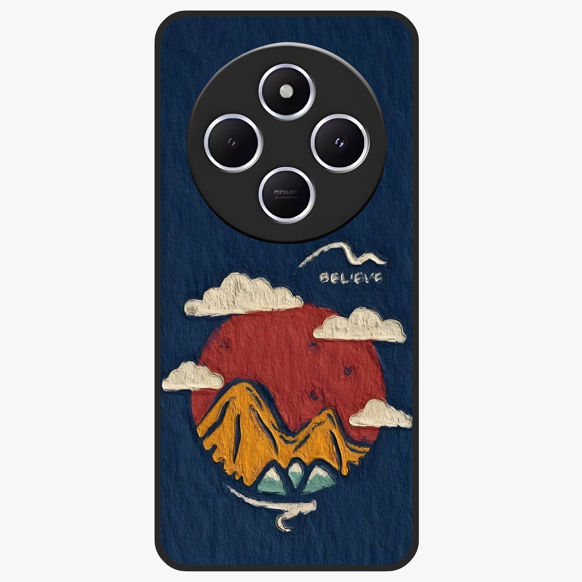 Dream Beyond Mountains Glass Case showing flat back view with scenic mountain landscape artwork and glossy glass finish.
