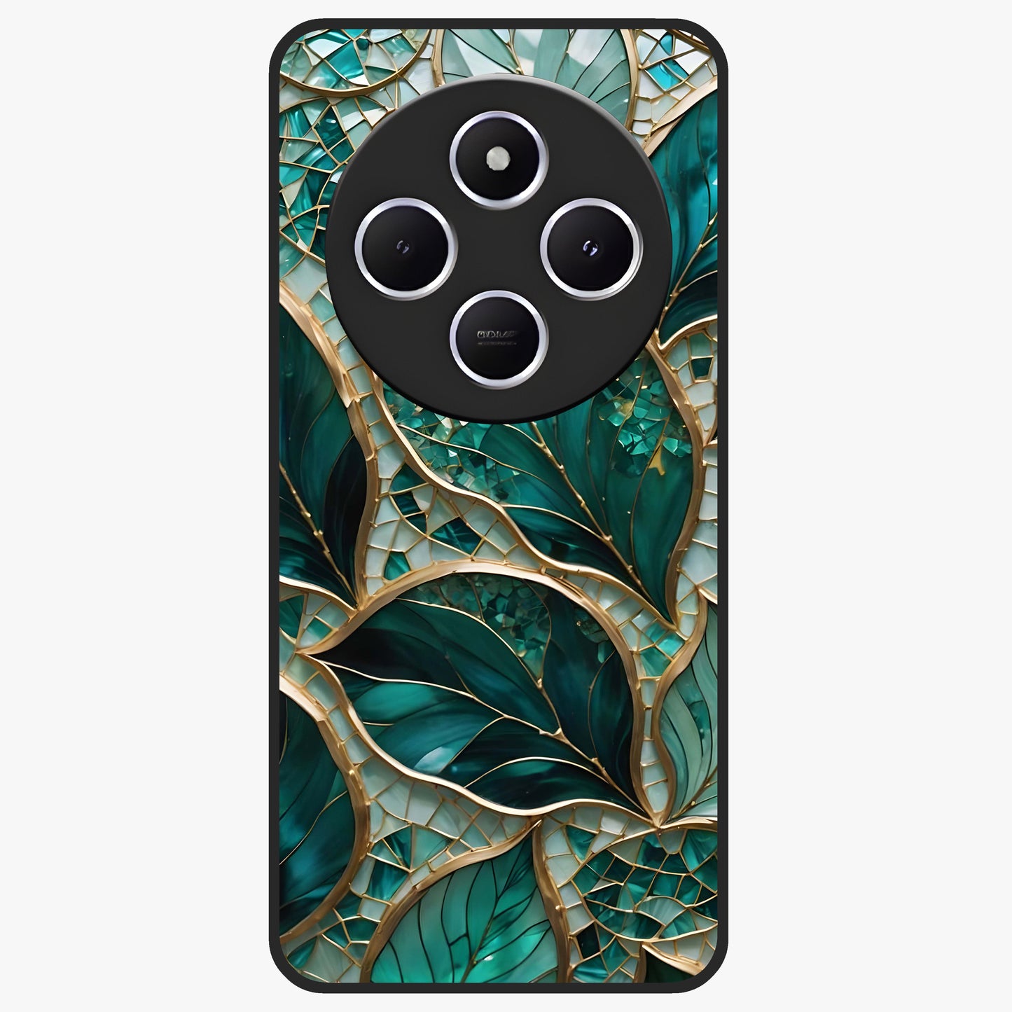 Emerald Leaf Glass Glass Case showing flat back view with emerald green leaf artwork and glossy glass finish.
